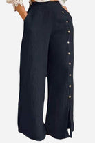 Black wide leg pants with side buttons and split seam detail, breathable cotton blend, high waist for a slim fit