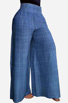 Blue high waist wide leg pants with elastic waistband and lightweight fabric