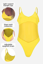 Yellow Mesh Tan-Through One Piece Swimsuit with light-support triangle cups, sheer mesh midsection, and adjustable spaghetti straps