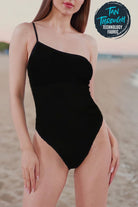 Black asymmetric one-shoulder anti-tan line one-piece swimsuit with breathable fabric and high-leg design