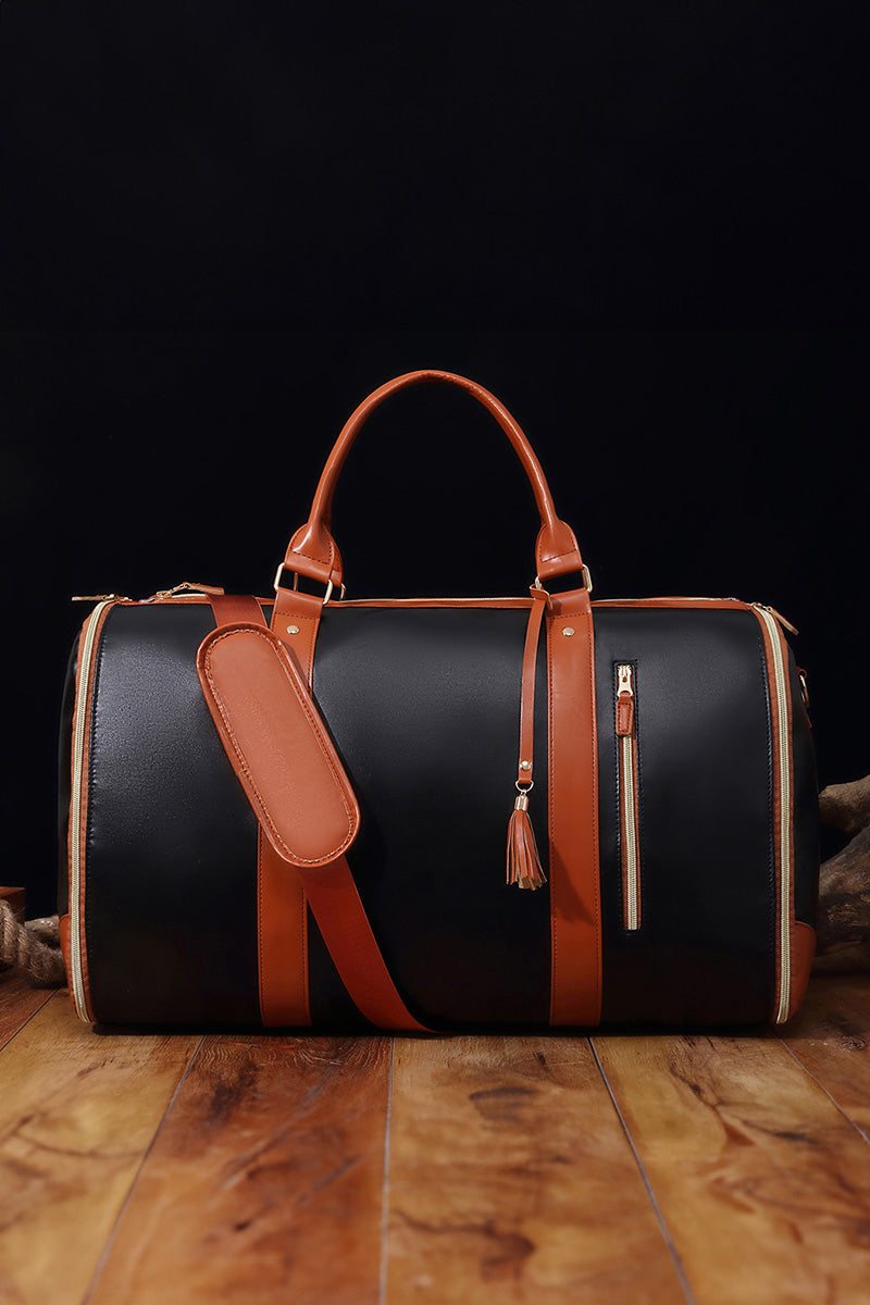 No-Wrinkle Foldable Travel Bag in black and brown waterproof PU leather with shoulder strap and zipper pockets