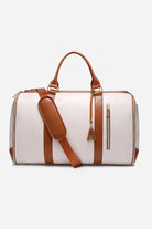 No-Wrinkle Foldable Travel Bag in beige with brown leather accents, waterproof PU leather duffle and garment bag combo with shoulder strap.
