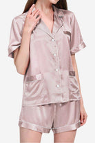 Women’s Mulberry Silk Essentials buttoned short set in soft blush pink with short sleeves and front pockets