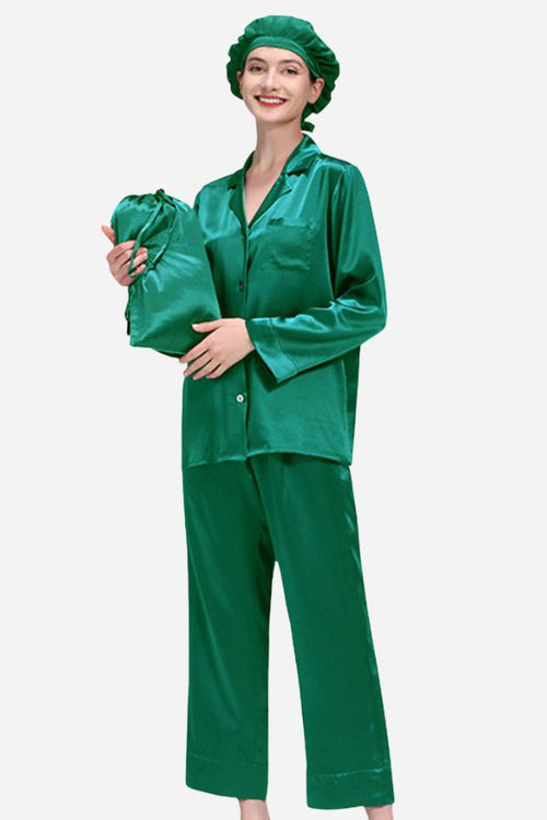 Classic Mulberry Silk Pajama Set with Sleep Cap