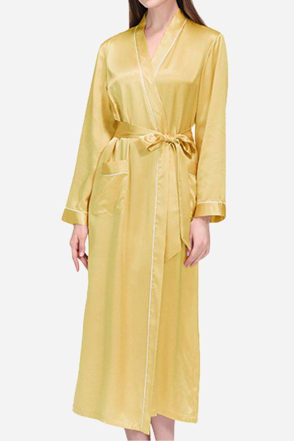 100 Mulberry Silk yellow belted classy nightgown robe for women