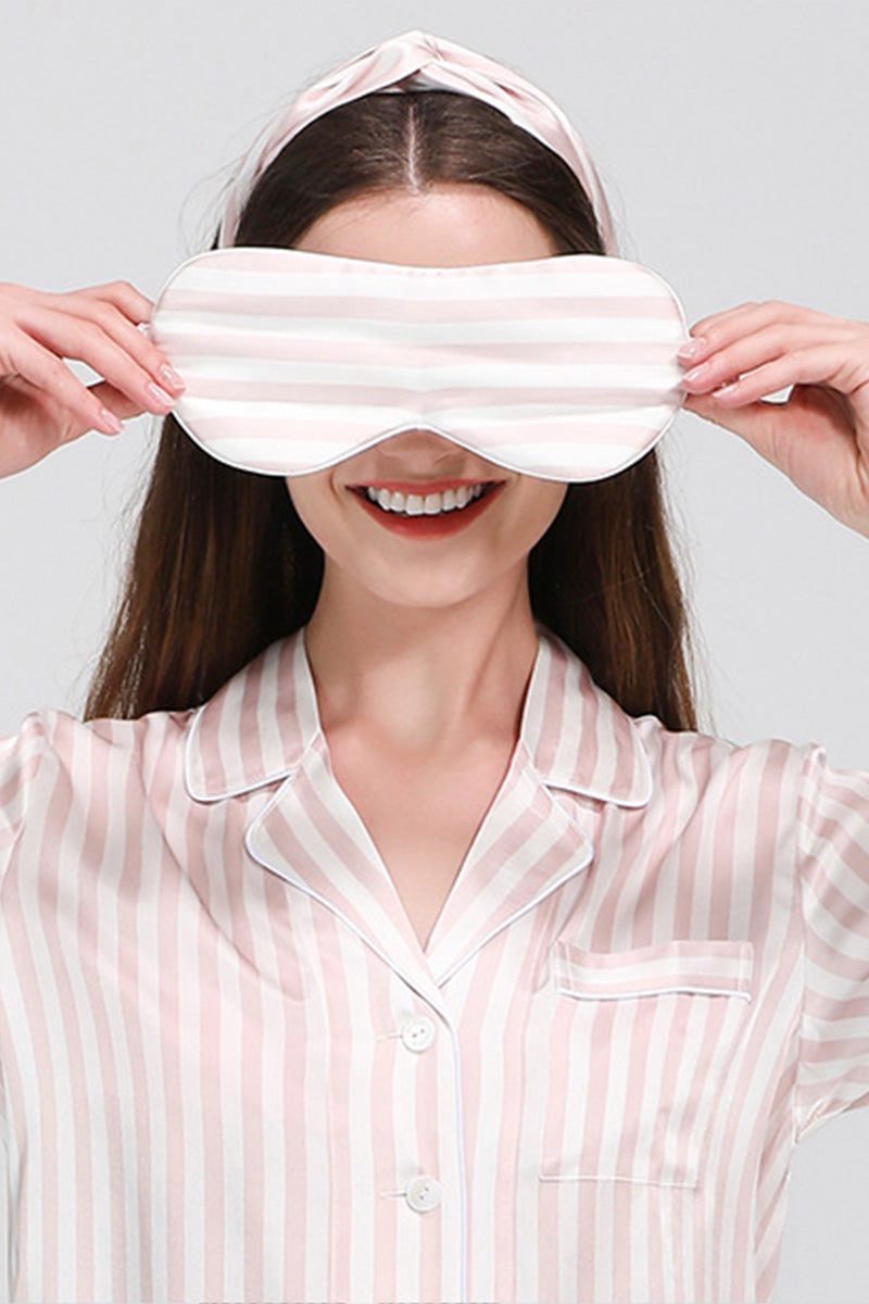 woman wearing 100% mulberry silk striped long sleeve pajama top with matching eye mask and headband