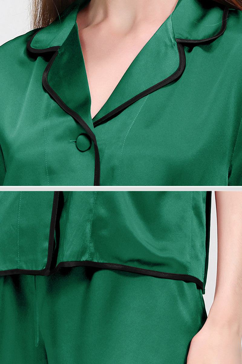 Green Mulberry Silk Hemd pajama set with black trimmed collar and hem