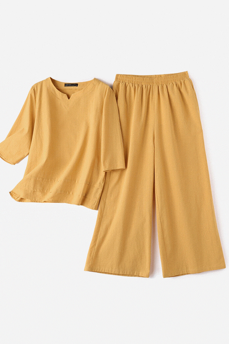 Cotton casual solid color relaxed fit pants set in mustard yellow breathable fabric