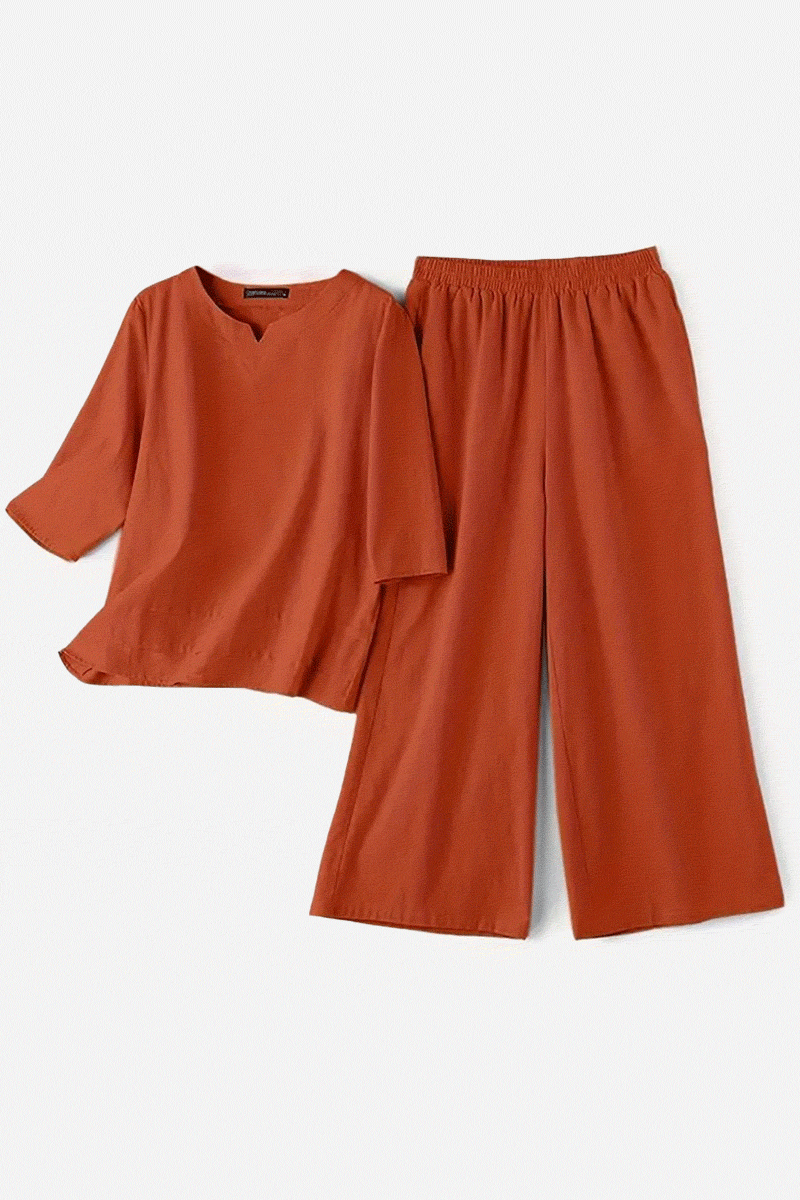cotton casual solid color loose fit women's pants set in rust shade for everyday comfort and style