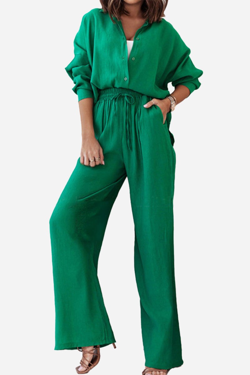 Women’s green professional two-piece set with long sleeves and wide-leg pants