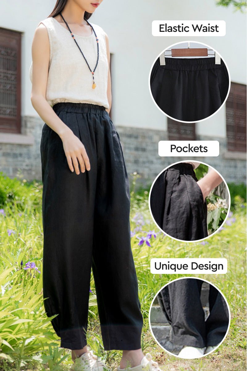 Woman wearing black Ramie Linen Cotton Pants with elastic waist and pockets outdoors