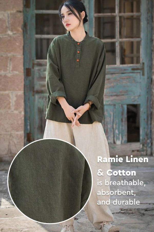 Woman wearing a breathable and durable ramie linen and cotton olive green blouse with long sleeves, styled casually.