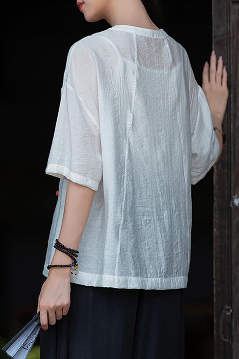 Lightweight white regenerated cellulose blouse with loose fit and short sleeves, wrinkle-resistant and breathable fabric.