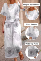 Linen and cotton loose two-piece set with floral print, short sleeves, round neck top, and wide-leg pants for breathable summer wear