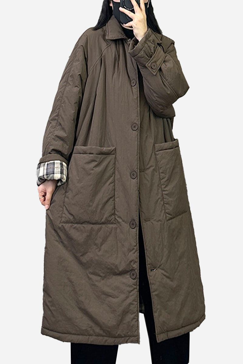 Plus size oversized windbreaker parka long brown coat with large pockets and button closure