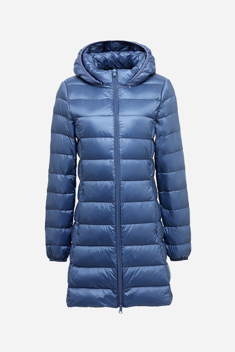 Women's lightweight water-resistant hooded puffer coat in blue with front zipper and quilted design