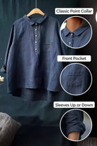Vintage linen shirt in navy blue with classic point collar, front pocket, and rollable sleeves for casual chic style