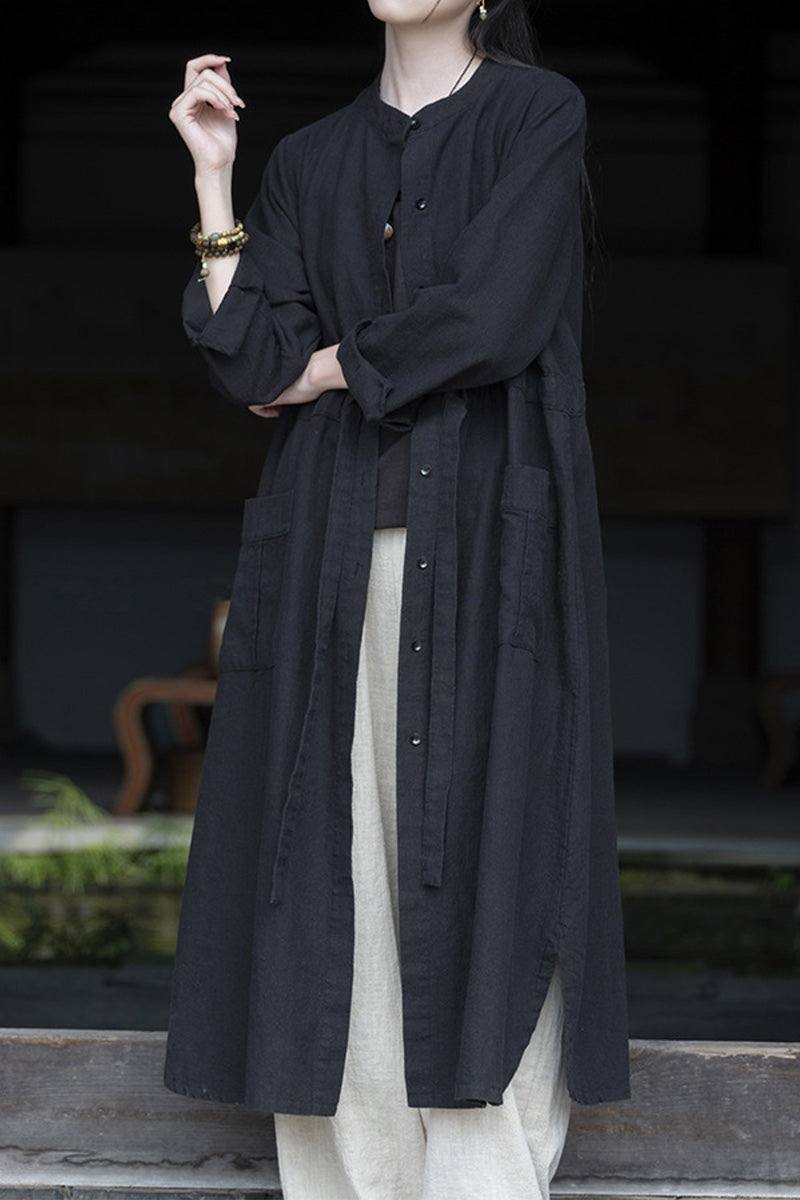 Oversized casual loose black ramie linen cardigan with front buttons and pockets