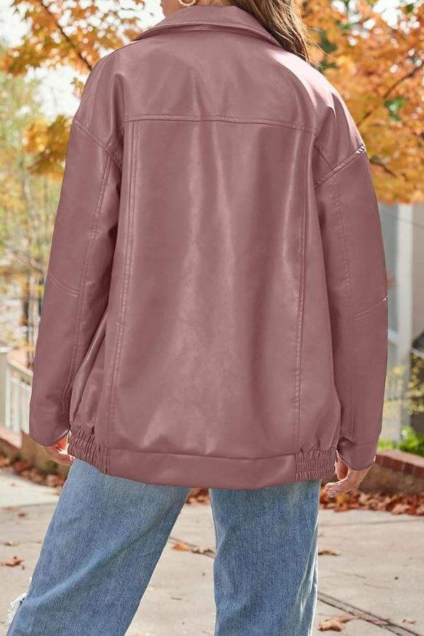 Oversized faux leather motorcycle jacket in soft pink with relaxed fit and casual style
