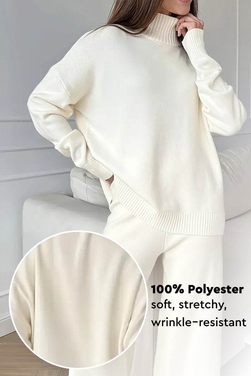 Woman wearing a white knitted turtleneck two-piece set made of soft, stretchy, wrinkle-resistant polyester.