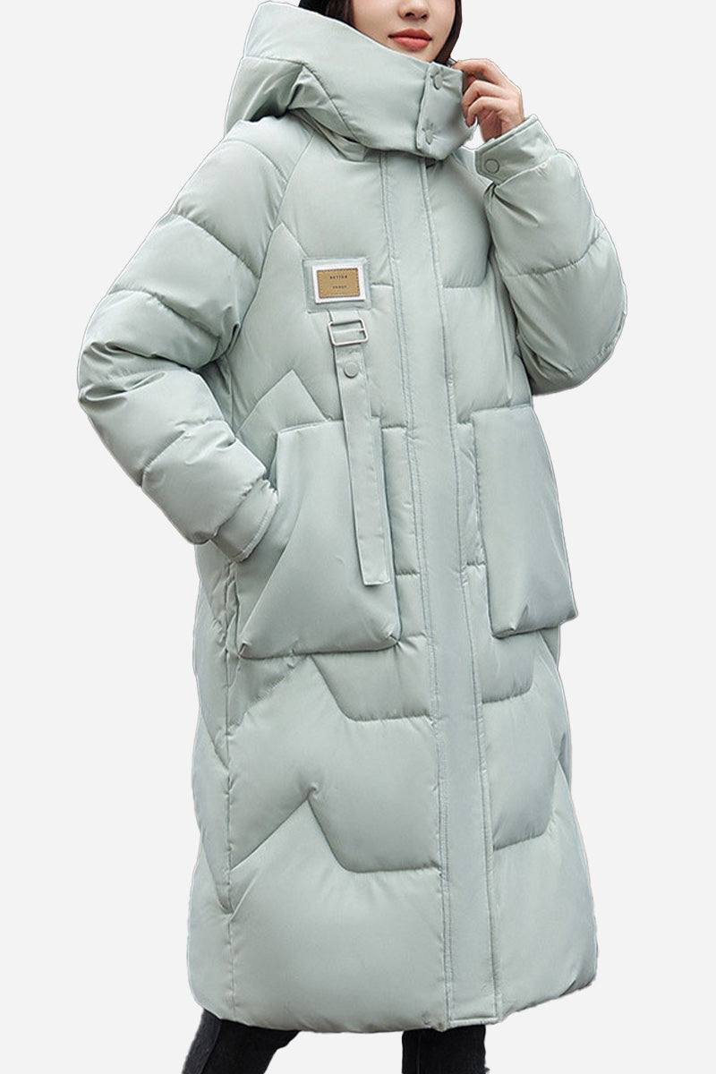 FrostLine Long Coat lightweight insulated winter coat with hood and large pockets in light gray