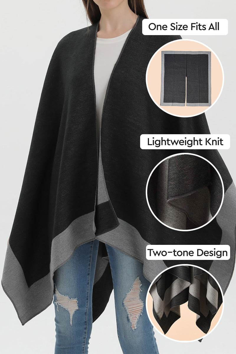 Elegant knitted poncho in two-tone lightweight knit, one size fits all design, draped over casual outfit