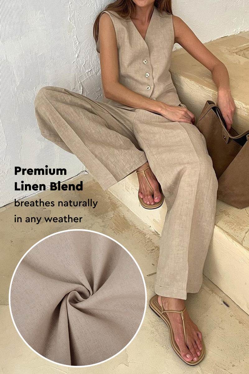 Eco chic linen blend two-piece outfit with breathable, wrinkle-resistant fabric in natural beige tone