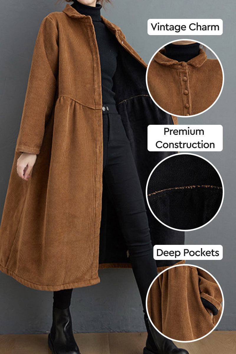Oversized vintage corduroy coat in warm brown with vintage charm, premium construction, and deep pockets