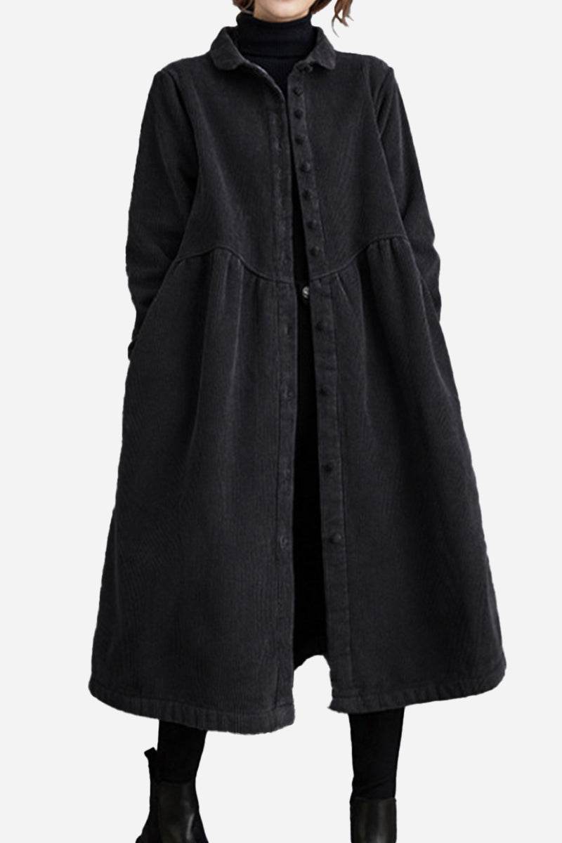Black oversized vintage corduroy coat with button front and long silhouette