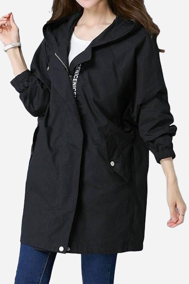 Black fashion hooded trench coat with oversized fit and mid-length silhouette for casual travel wear