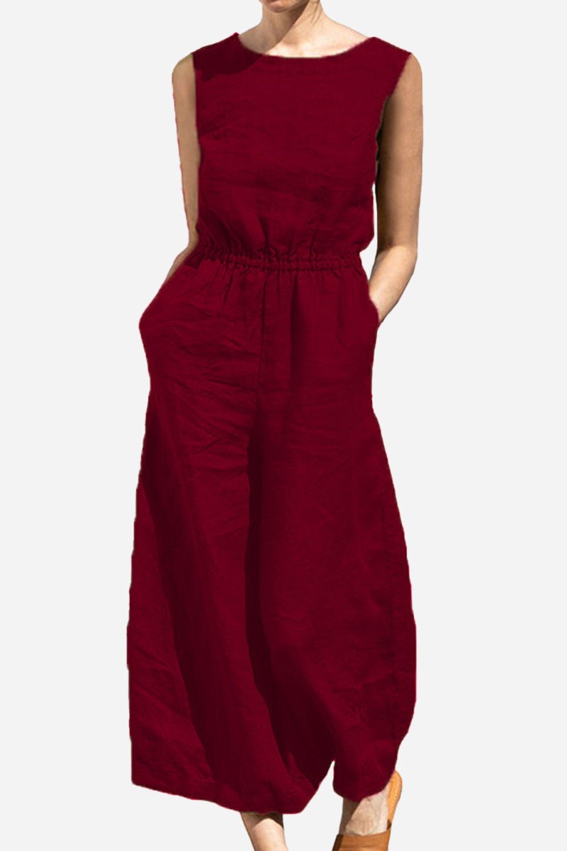 Woman wearing deep red pure cotton sleeveless wide-leg two-piece set with gathered waist and pockets