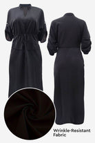 Black All-Day Drape Dress with adjustable waist tie, front slit, breathable wrinkle-resistant fabric, and roll-up sleeves.