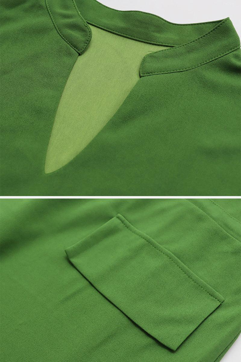 Close-up details of green All-Day Drape Dress neckline and adjustable sleeve with button tab