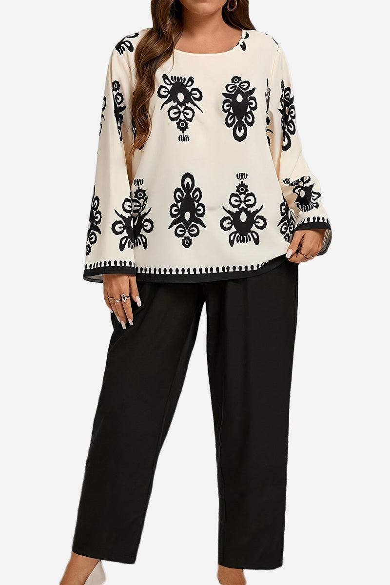 Plus Size Easy Elegance set with black and white patterned top and black loose pants