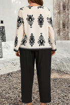 Plus size easy elegance set with black printed long sleeve top and black pants, comfortable loose fit