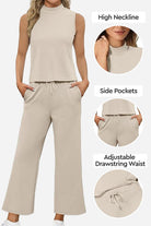 Cotton Chic Sleeveless two-piece set with high neckline, side pockets, and adjustable drawstring waist in beige poly-cotton fabric