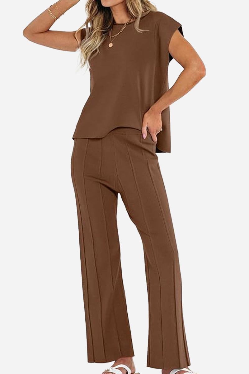 First Class Travel comfort brown two-piece set with pleated pants and sleeveless top for wrinkle-resistant, versatile travel wear