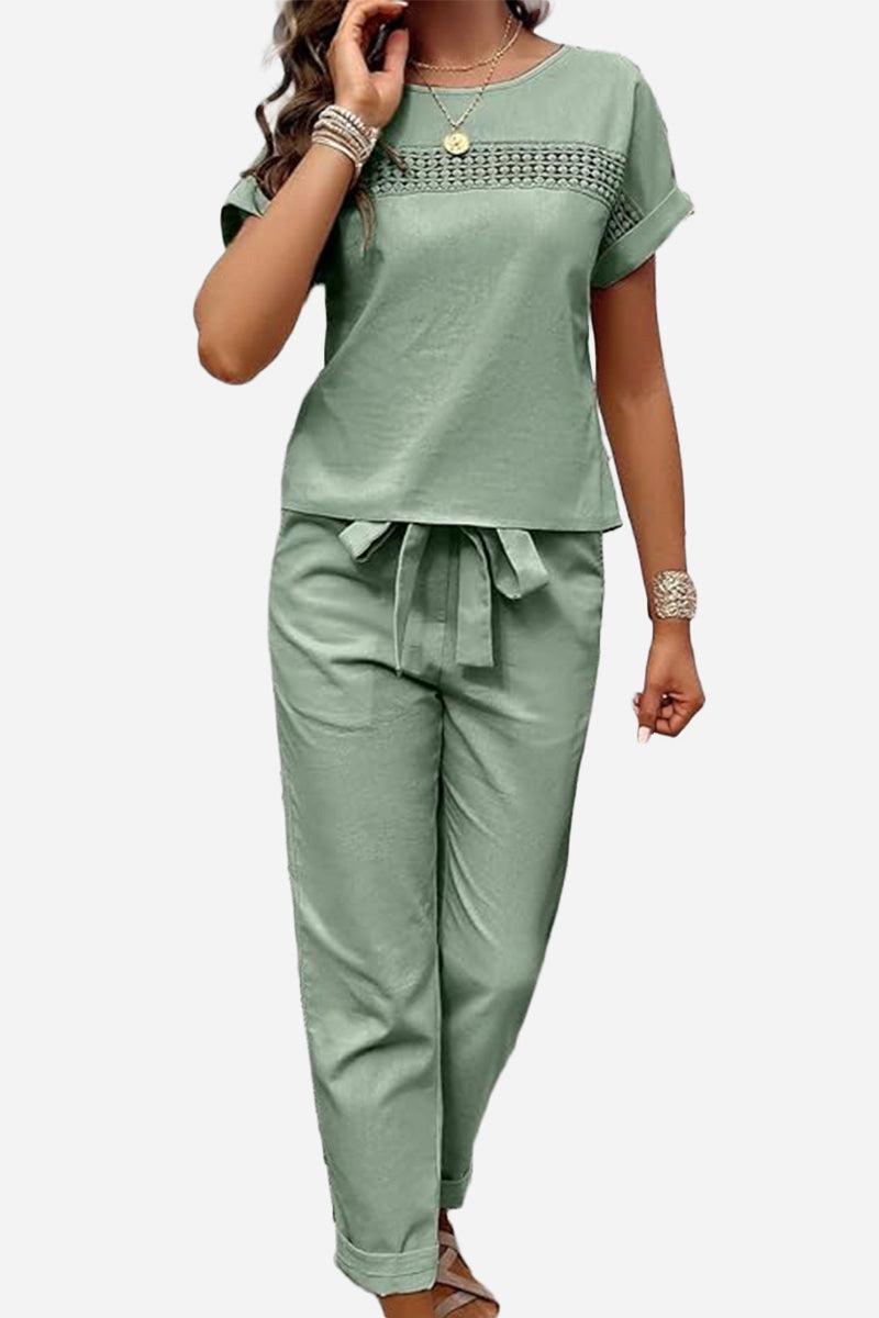 Light green 100% cotton total comfort two-piece set with breathable fabric and relaxed fit for travel and casual wear
