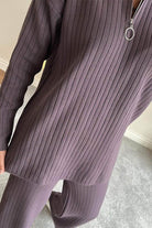Plus-size ribbed knit comfort set with zip-up top and matching pants for work from home and casual wear