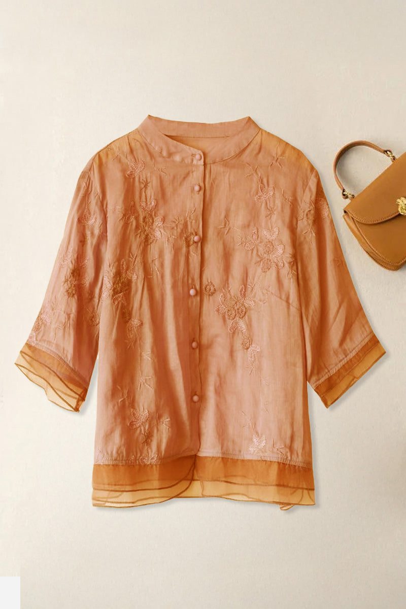 Sheer embroidered button-up top in cotton linen Tuscany blend with layered cuffs and hem