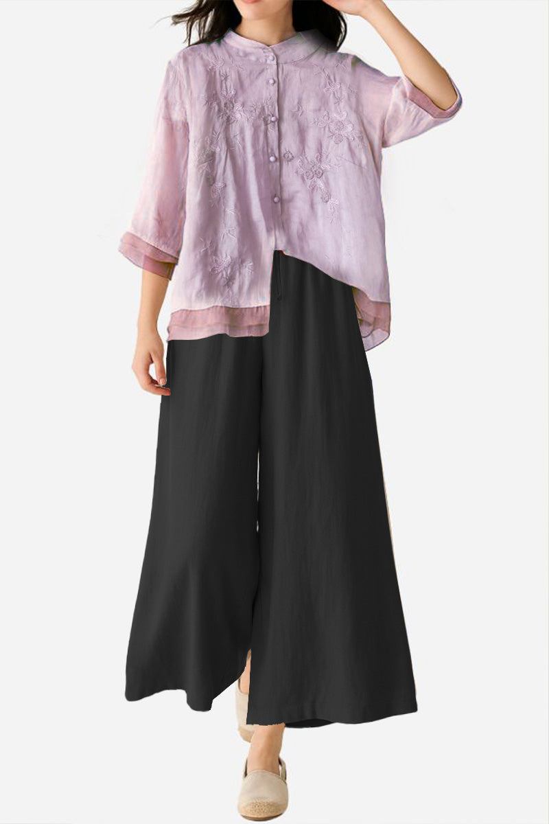 Cotton Linen Tuscany embroidered sheer top with wide-leg black linen pants set