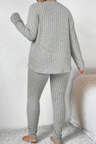Body Confident Oversized Knit two-piece set in gray ribbed knit fabric, cozy and relaxed fit from back view