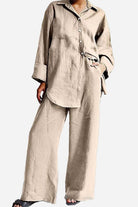 Beige relaxed-fit Vacation Essentials Cotton Set with oversized button-up top and wide-leg pants for comfortable travel style