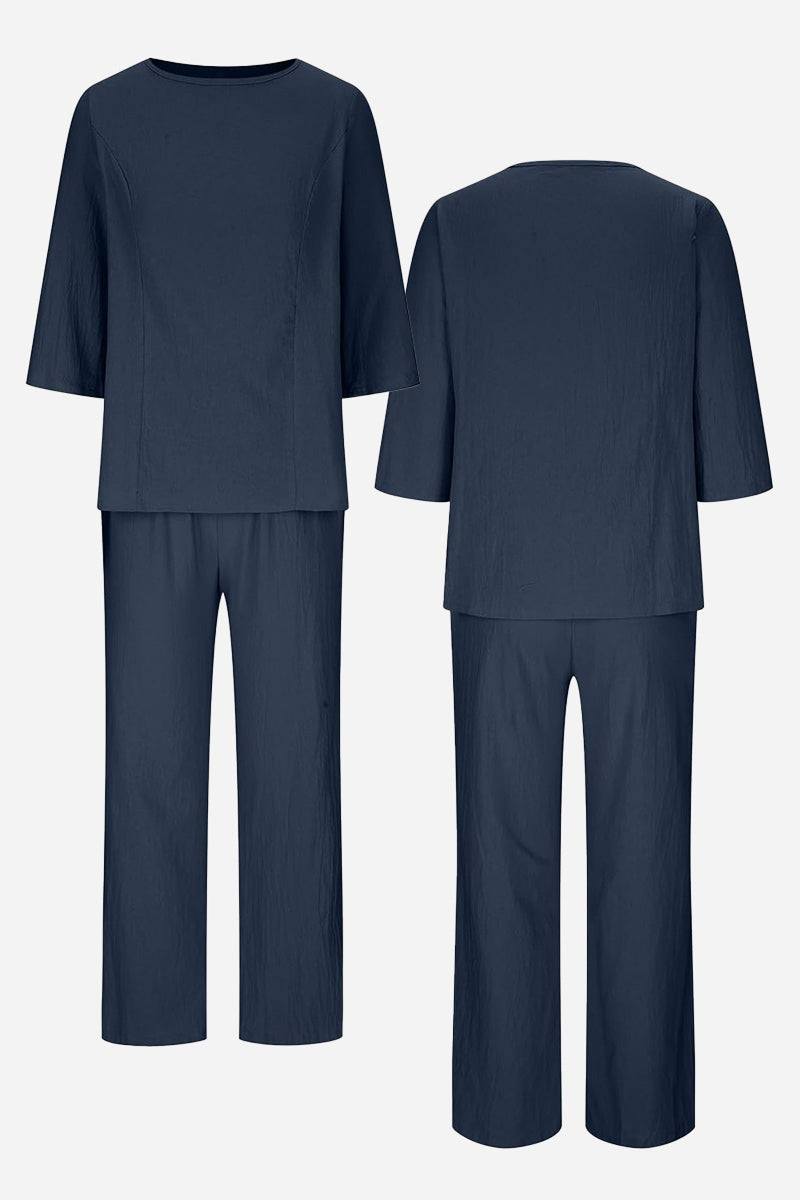 Navy elegant textured two-piece set with loose fit and crinkled fabric, front and back views