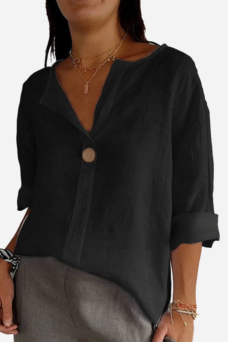 Black pure linen age-defying shirt with button detail and relaxed fit for breathable comfort