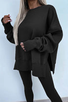 TimelessChic Ultra Comfortable Two-Piece Set black relaxed top and high-waisted pants for all-day comfort and style