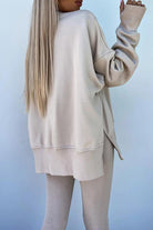 Back view of TimelessChic Ultra Comfortable Two-Piece Set in beige soft stretch fabric with relaxed fit and high waistband pants