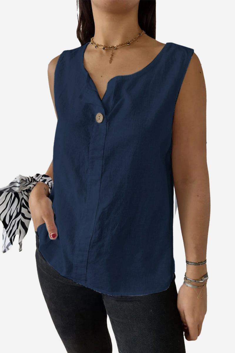 100% pure linen sleeveless navy vest with V-neck and button detail, breathable and relaxed fit for cool comfort
