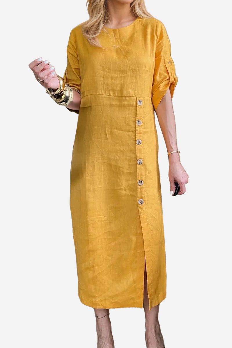 women's mustard yellow Pure Cotton Elegance dress with side buttons and relaxed fit