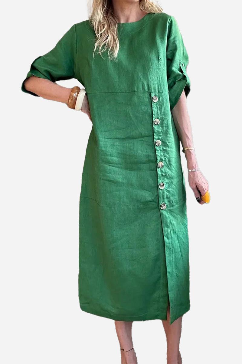 Green pure cotton elegance dress with buttons and mid-length sleeves